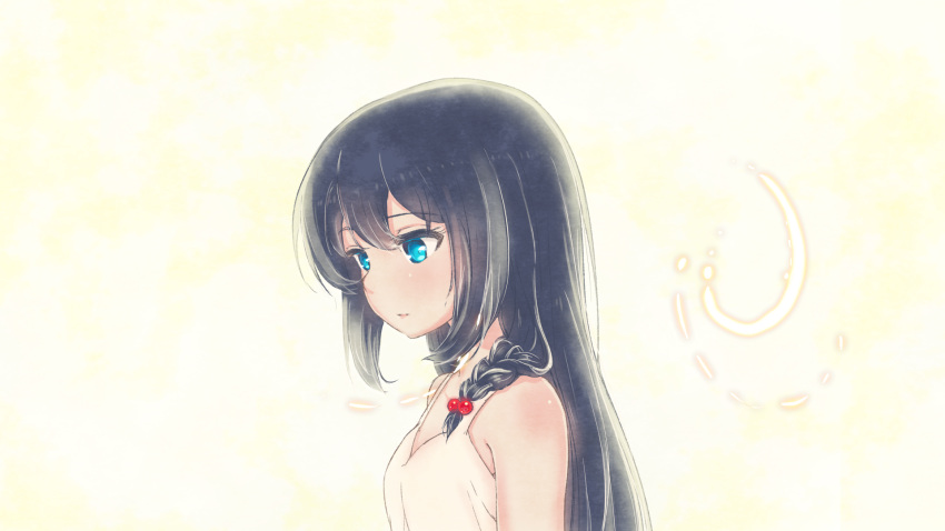 1girl bangs bare_arms bare_shoulders black_hair blue_eyes blush dress eyebrows_visible_through_hair hair_bobbles hair_ornament hair_over_one_eye highres long_hair mianbaoshi_mengxiang original parted_lips pink_background solo sundress white_dress