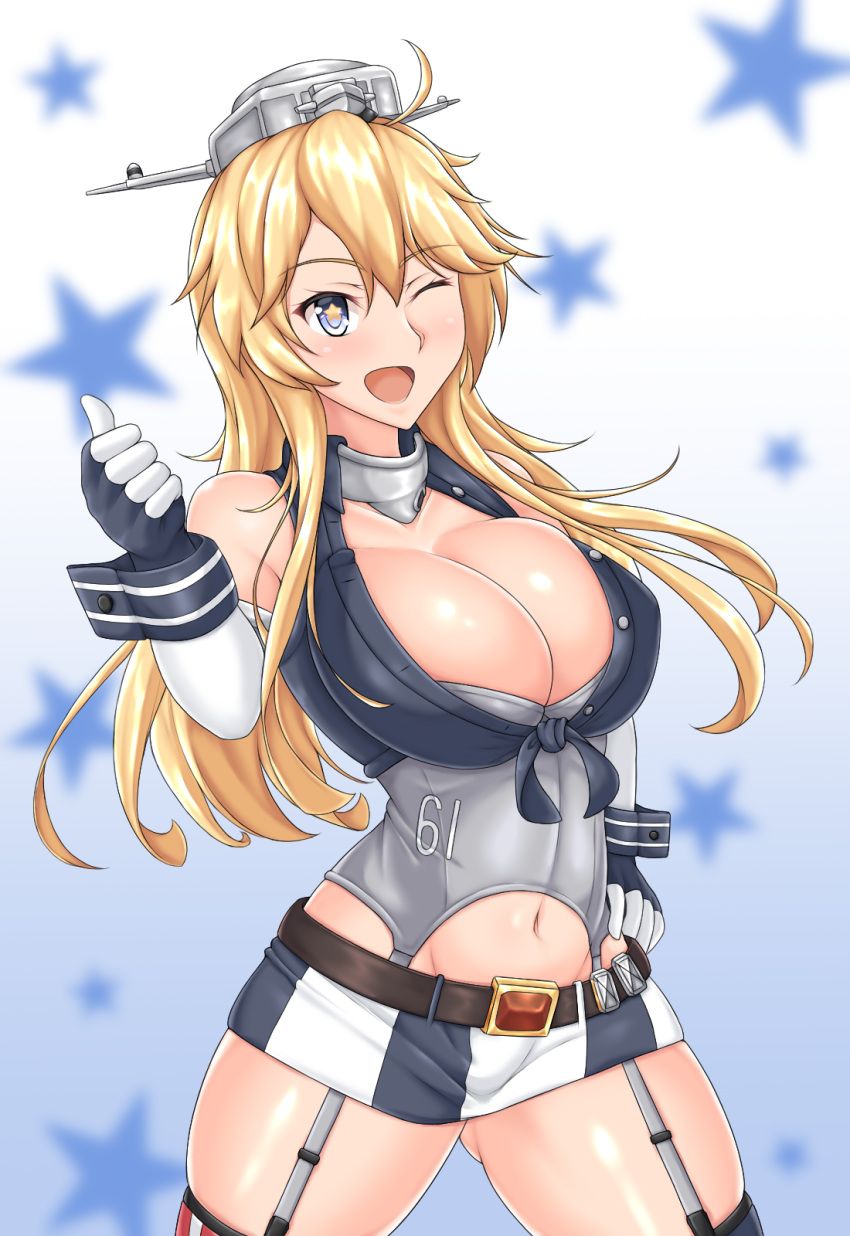 1girl ahoge blonde_hair blue_background blue_eyes blush breasts brown_belt cleavage collarbone elbow_gloves fingerless_gloves front-tie_top garter_straps gloves gluteal_fold hand_on_hip hiballista highres iowa_(kantai_collection) kantai_collection large_breasts long_hair looking_at_viewer miniskirt mismatched_legwear navel one_eye_closed open_mouth skindentation skirt solo star star-shaped_pupils starry_background striped striped_legwear symbol-shaped_pupils thigh-highs thighs thumbs_up upper_body vertical-striped_legwear vertical-striped_skirt vertical_stripes