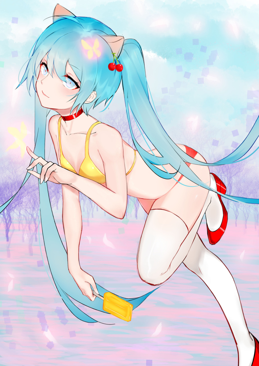1girl absurdres animal_ears bag bare_arms bare_shoulders bare_tree bikini blue_eyes blue_hair blue_sky butterfly cat_ears cherry choker closed_mouth collarbone day food food_themed_hair_ornament fruit glowing_butterfly hair_ornament hatsune_miku highres holding holding_food kemonomimi_mode leaning_forward legs_up long_hair mismatched_bikini outdoors popsicle qingli_green red_bikini_bottom red_footwear red_neckwear shoes sky smile standing standing_on_one_leg swimsuit thigh-highs tree twintails very_long_hair vocaloid white_legwear yellow_bikini_top