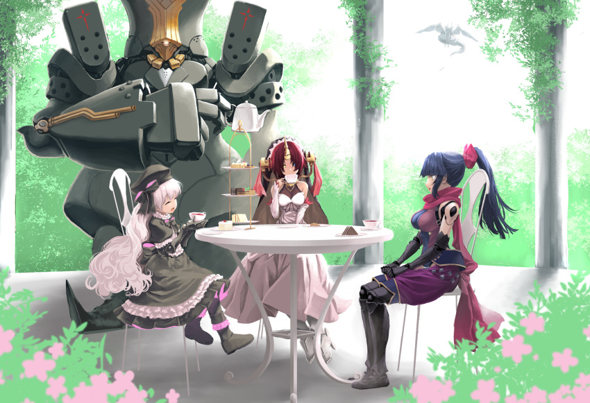 1boy 4girls berserker_of_black black_hair cake charles_babbage_(fate/grand_order) cup doll_joints fate/grand_order fate_(series) flower food heterochromia highres horn katou_danzou_(fate/grand_order) kohige mecha_eli-chan_(fate/grand_order) multiple_girls nursery_rhyme_(fate/extra) pink_hair ponytail robot robot_joints scarf tea_party teacup teapot white_hair