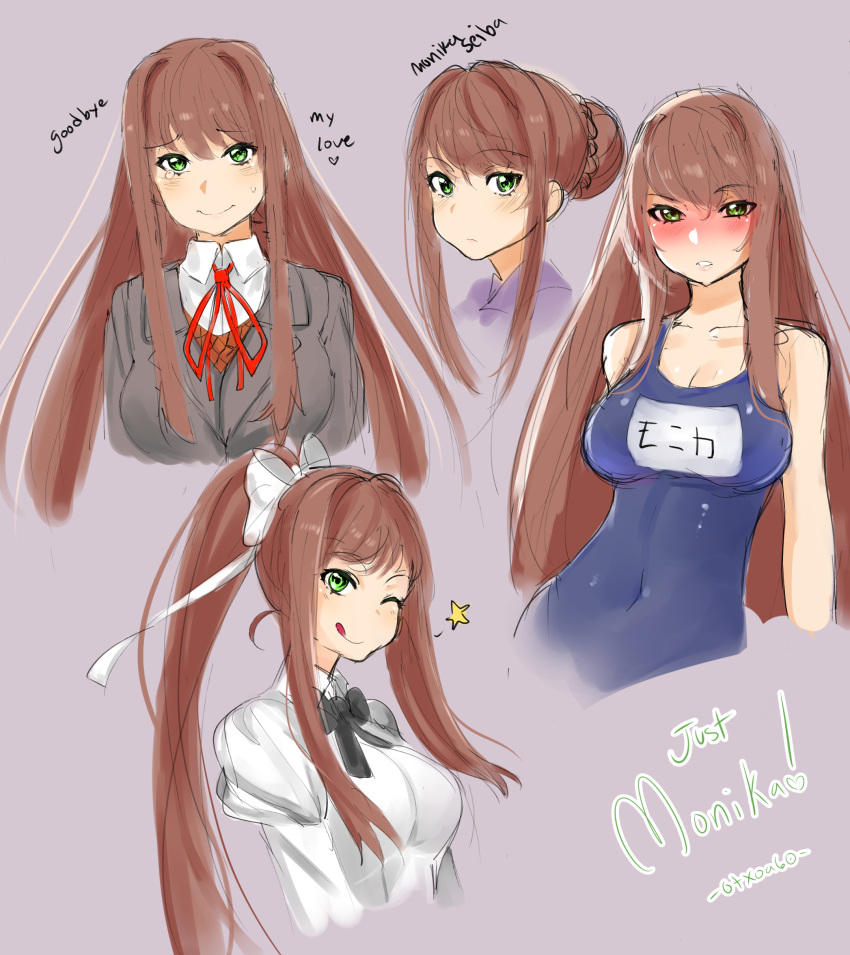 1girl :q absurdres alternate_costume bangs bare_arms bare_shoulders black_ribbon blue_swimsuit blush breasts brown_hair casual character_name cleavage closed_mouth commentary cosplay cropped_torso doki_doki_literature_club english eyebrows_visible_through_hair green_eyes grey_background grey_jacket hair_between_eyes hair_bun hair_intakes hair_ribbon highres jacket juliet_sleeves large_breasts long_hair long_sleeves looking_at_viewer monika_(doki_doki_literature_club) multiple_girls name_tag neck_ribbon nervous_smile one-piece_swimsuit one_eye_closed otxoa60 parted_lips ponytail puffy_sleeves red_neckwear red_ribbon ribbon satou_lilly satou_lilly_(cosplay) school_swimsuit school_uniform simple_background sketch star sweatdrop swimsuit tongue tongue_out very_long_hair vest white_ribbon