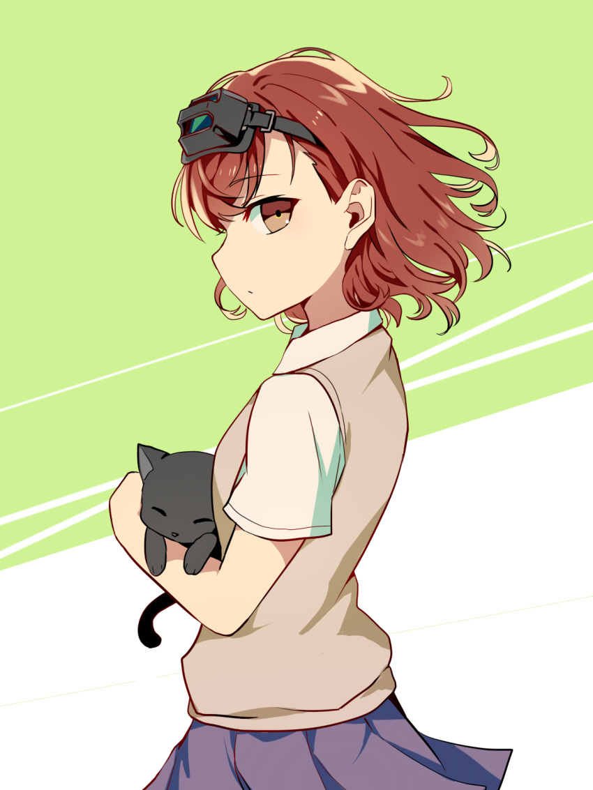 1girl animal black-framed_eyewear black_cat brown_eyes brown_hair cat closed_eyes from_side goggles goggles_on_head green_background highres holding holding_animal looking_at_viewer looking_to_the_side misaka_imouto profile purple_skirt sada_(sadahalu) short_hair short_sleeves skirt solo standing sweater_vest to_aru_majutsu_no_index two-tone_background upper_body