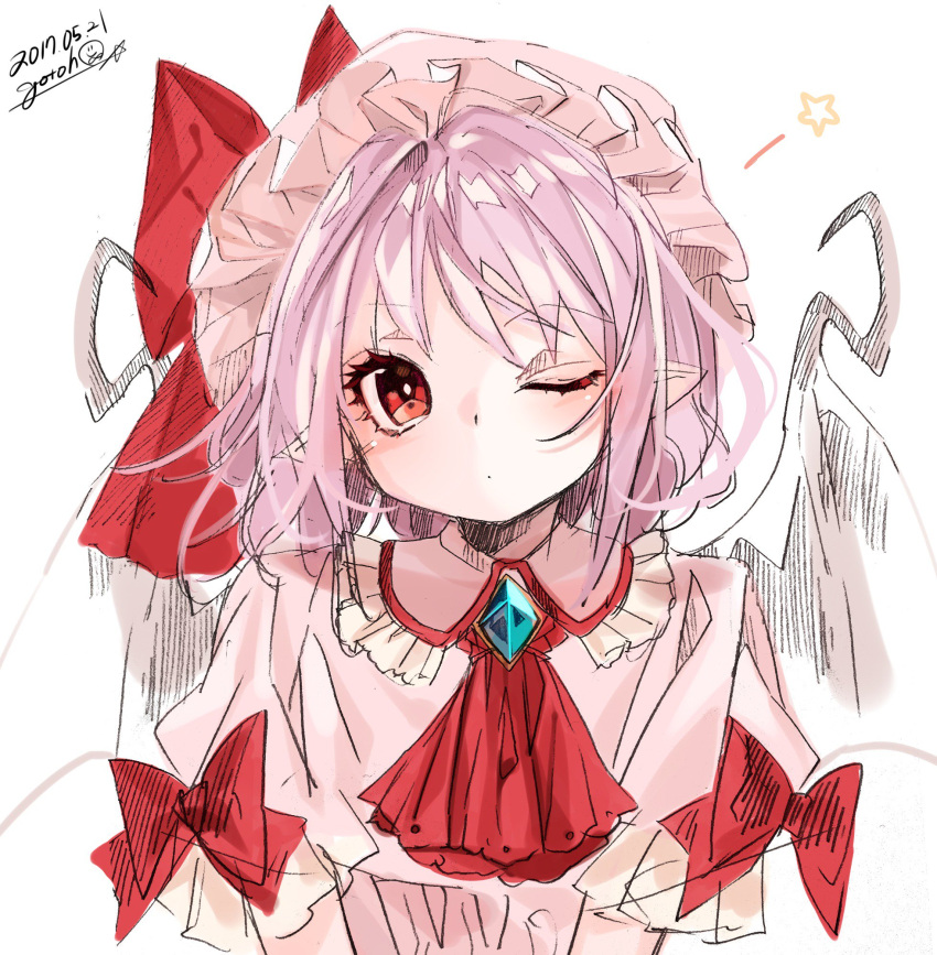 1girl :o artist_name ascot bat_wings bow brooch dated eyelashes gotoh510 hat hat_bow head_tilt highres jewelry lavender_hair looking_at_viewer mob_cap one_eye_closed pointy_ears red_bow red_eyes remilia_scarlet short_sleeves signature simple_background sketch solo star touhou upper_body white_background white_hat wings