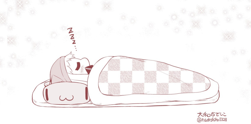 1girl closed_mouth commentary_request covered_horns futon greyscale hat horns kantai_collection long_hair monochrome northern_ocean_hime shinkaisei-kan sleeping solo yamato_nadeshiko zzz