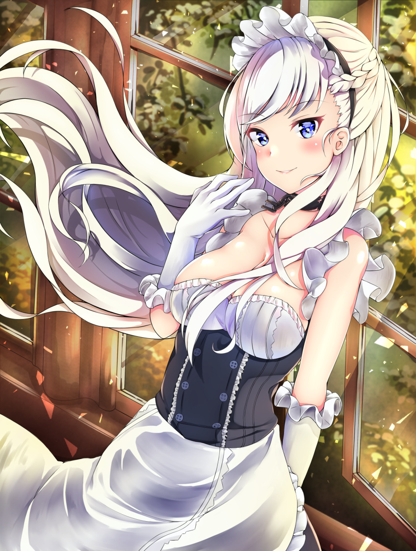 1girl absurdres azur_lane bare_shoulders belfast_(azur_lane) blue_eyes blush braid breasts chains cleavage collar collarbone commentary_request elbow_gloves french_braid gloves highres long_hair looking_at_viewer maid maid_headdress medium_breasts parted_lips siroimo0828 smile solo standing white_hair wind windows