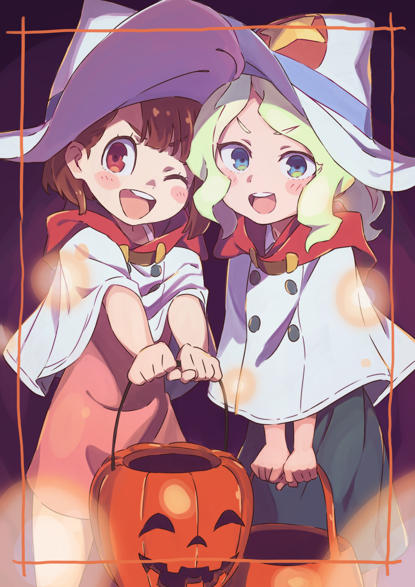 &gt;:d &gt;;d 2girls :d ;d absurdres bangs black_dress blonde_hair blue_eyes blush blush_stickers border brown_eyes brown_hair capelet commentary_request diana_cavendish dress halloween halloween_costume hat highres jack-o'-lantern kagari_atsuko little_witch_academia long_hair looking_at_viewer multiple_girls one_eye_closed open_mouth outstretched_arms pink_dress round_teeth short_hair smile standing tama tareme teeth wavy_hair white_hat witch witch_hat younger