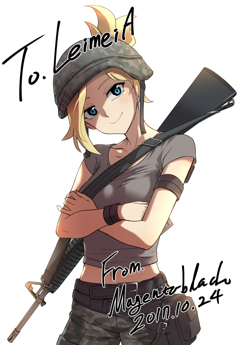 1girl absurdres battle_rifle blonde_hair breasts camouflage camouflage_pants collarbone commentary_request commission crossed_arms crossover dated gun head_tilt helmet highres looking_at_viewer magentablack medium_breasts mercy_(overwatch) midriff overwatch pants playerunknown's_battlegrounds rifle shirt short_hair smile solo t-shirt weapon weapon_on_back