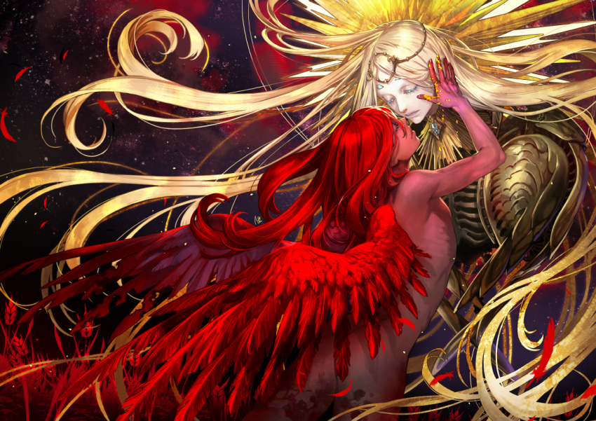 androgynous angel armor blonde_hair circlet closed_eyes closed_mouth facing_another feathered_wings feathers gem halo hands_on_another's_face jewelry long_hair necklace nude oollnoxlloo pale_skin purple_lips red_skin red_wings redhead sky star_(sky) starry_sky very_long_hair wings
