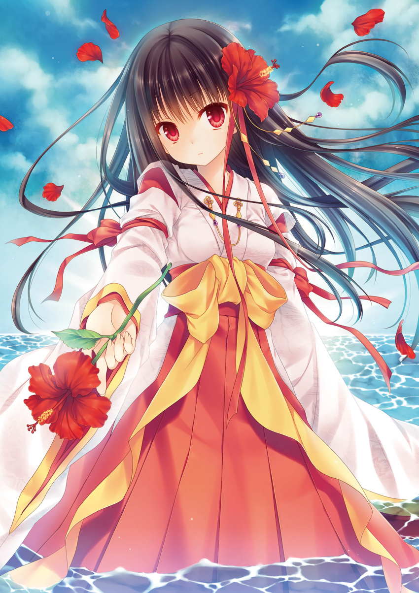 1girl black_hair blue_sky clouds day eyebrows_visible_through_hair floating_hair flower hair_flower hair_ornament hakama head_tilt hibiscus highres holding holding_flower japanese_clothes kimono long_hair looking_at_viewer original outdoors petals red_eyes red_flower red_hakama sky solo standing tatekawa_mako very_long_hair wading white_kimono