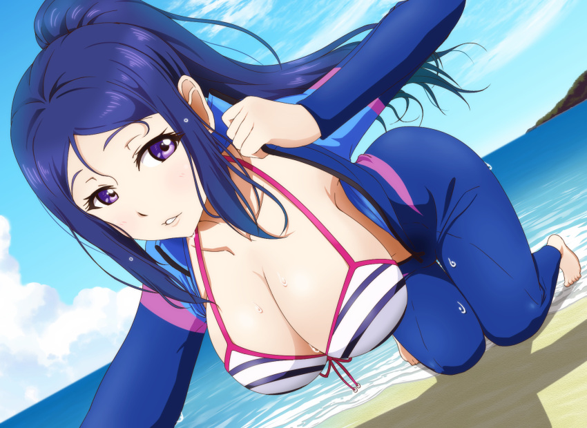 1girl all_fours barefoot beach breasts cleavage foreshortening hanging_breasts highres large_breasts love_live! love_live!_sunshine!! matsuura_kanan ocean open_wetsuit parted_lips ponytail solo unzipped violet_eyes wara_t-shirt wetsuit