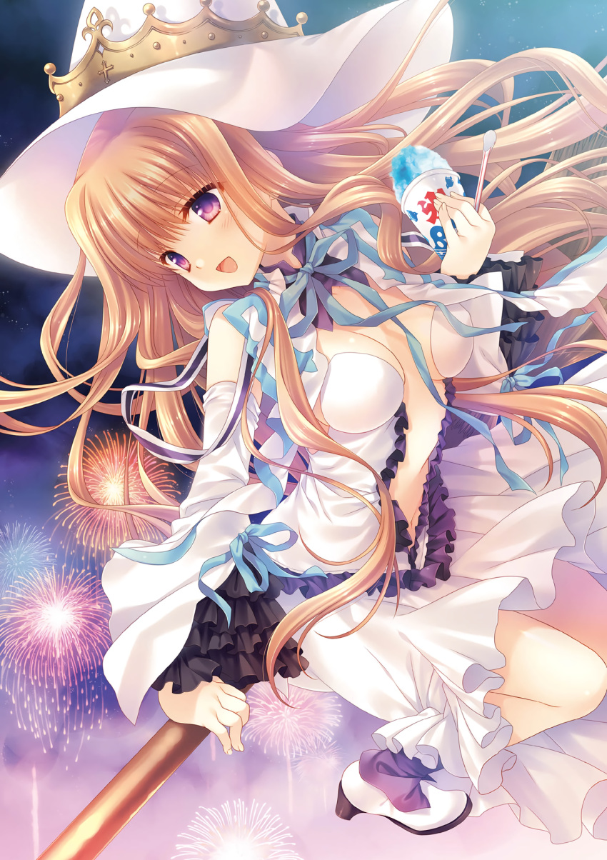 1girl :d blonde_hair blue_ribbon blush breasts broom cleavage dress eyebrows_visible_through_hair fireworks floating_hair food hat highres holding holding_food long_hair medium_breasts midriff neck_ribbon open_mouth original outdoors ribbon shaved_ice sitting smile solo tatekawa_mako very_long_hair violet_eyes white_dress white_hat witch_hat