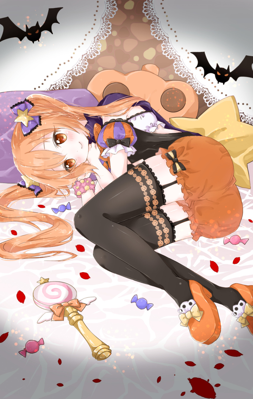 1girl bangs bed_sheet black_bow black_legwear black_shirt blush bow candy candy_wrapper cape closed_mouth commentary_request eyebrows_visible_through_hair food frilled_sleeves frills garter_straps hair_between_eyes hair_bow halloween head_tilt high_heels highres jack-o'-lantern lace lace-trimmed_bow lace-trimmed_thighhighs light_brown_hair lollipop looking_at_viewer lying on_side orange_footwear orange_shorts original petals pillow puffy_short_sleeves puffy_sleeves purple_bow purple_cape purple_pillow shirt short_shorts short_sleeves shorts smile solo star star_pillow striped_sleeves swirl_lollipop thigh-highs twintails uchuuneko wand wristband