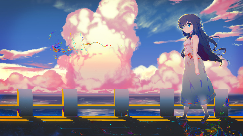 1girl abstract absurdres bare_arms bare_shoulders barefoot blue_eyes blue_sky clouds cloudy_sky colorful day fairy from_side highres looking_at_viewer looking_to_the_side mianbaoshi_mengxiang ocean original outdoors parted_lips purple_hair railing sky solo standing walking water