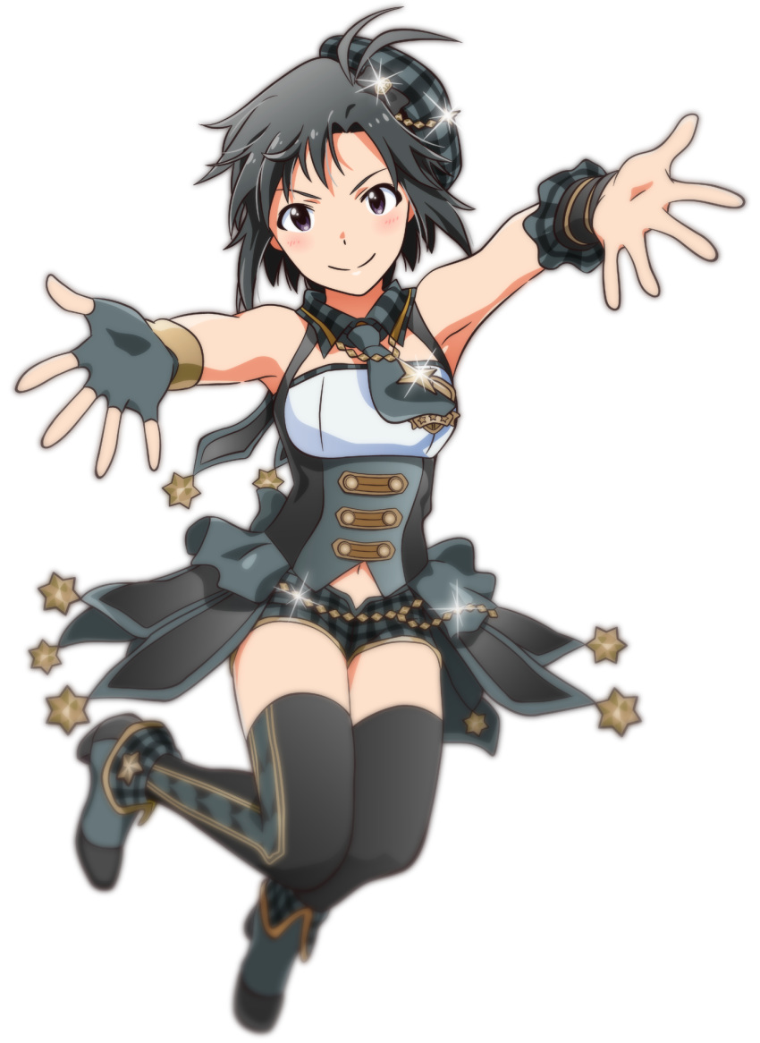 1girl akizuki_ritchan antenna_hair asymmetrical_gloves black_eyes black_gloves black_hair black_hat black_legwear black_neckwear black_shorts blush fingerless_gloves gloves hat high_heels highres idolmaster idolmaster_(classic) idolmaster_platinum_stars kikuchi_makoto looking_at_viewer navel necktie outstretched_arms short_hair short_shorts shorts simple_background sleeveless smile solo sparkle thigh-highs white_background wrist_cuffs