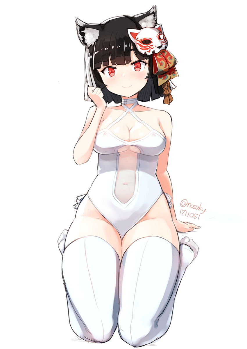 1girl :d animal_ears arm_support azur_lane bangs black_hair blunt_bangs breasts casual_one-piece_swimsuit choker cleavage closed_mouth cosplay criss-cross_halter fang full_body halterneck highres looking_at_viewer mask mask_on_head medium_breasts navel nosuku one-piece_swimsuit open_mouth red_eyes see-through short_hair simple_background sitting smile solo swimsuit takao_(azur_lane) takao_(azur_lane)_(cosplay) thigh-highs wariza white_background white_legwear white_swimsuit yamashiro_(azur_lane)