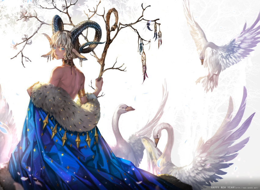 amulet androgynous animal_ears armlet bangs bare_shoulders bird blue_cape blue_eyes cape detached_collar dream_catcher from_behind goat_ears goat_horns happy_new_year holding holding_staff horns jewelry looking_at_viewer looking_back new_year off_shoulder oollnoxlloo original parted_lips short_hair silver_hair solo staff swan topless watermark web_address year_of_the_ram