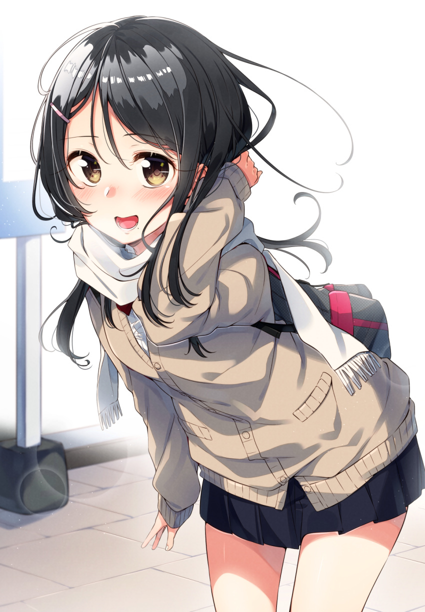 1girl bag black_hair brown_eyes cardigan hair_ornament hairclip highres leaning_forward lens_flare long_hair mole mole_under_mouth open_mouth original pleated_skirt sakuragi_ren scarf school_uniform skirt smile solo