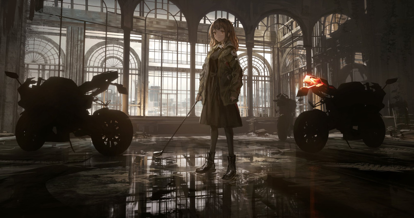 1girl architecture boots brown_eyes brown_hair clouds cloudy_sky golf_club ground_vehicle highres indoors lm7_(op-center) looking_at_viewer motor_vehicle motorcycle reflective_floor skirt sky solo standing wet_floor