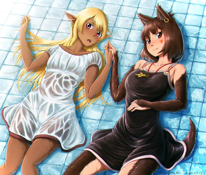 2017 2girls animal_ears artist_name black_dress blonde_hair blush breasts brown_eyes brown_hair collarbone d: dark_elf dark_skin dated dress elf eyebrows_visible_through_hair facial_mark fur hand_holding hand_on_own_stomach head_tilt highres jewelry kama_iruka large_breasts light_smile long_hair looking_at_viewer lying multiple_girls necklace nose_blush number on_back open_mouth original pink_eyes pointy_ears short_hair short_sleeves single_earring sleeveless sleeveless_dress tail tile_floor tiles water wet wet_clothes white_dress