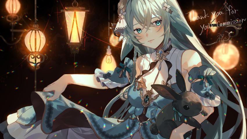 1girl aqua_bow aqua_dress aqua_eyes aqua_hair bare_shoulders blush bow breasts commission depths_(vtuber) dress english_text frills hair_ornament highres indie_virtual_youtuber iwai_ku_tsuki lamp long_hair looking_at_viewer medium_breasts rabbit skeb_commission skirt_hold solo virtual_youtuber