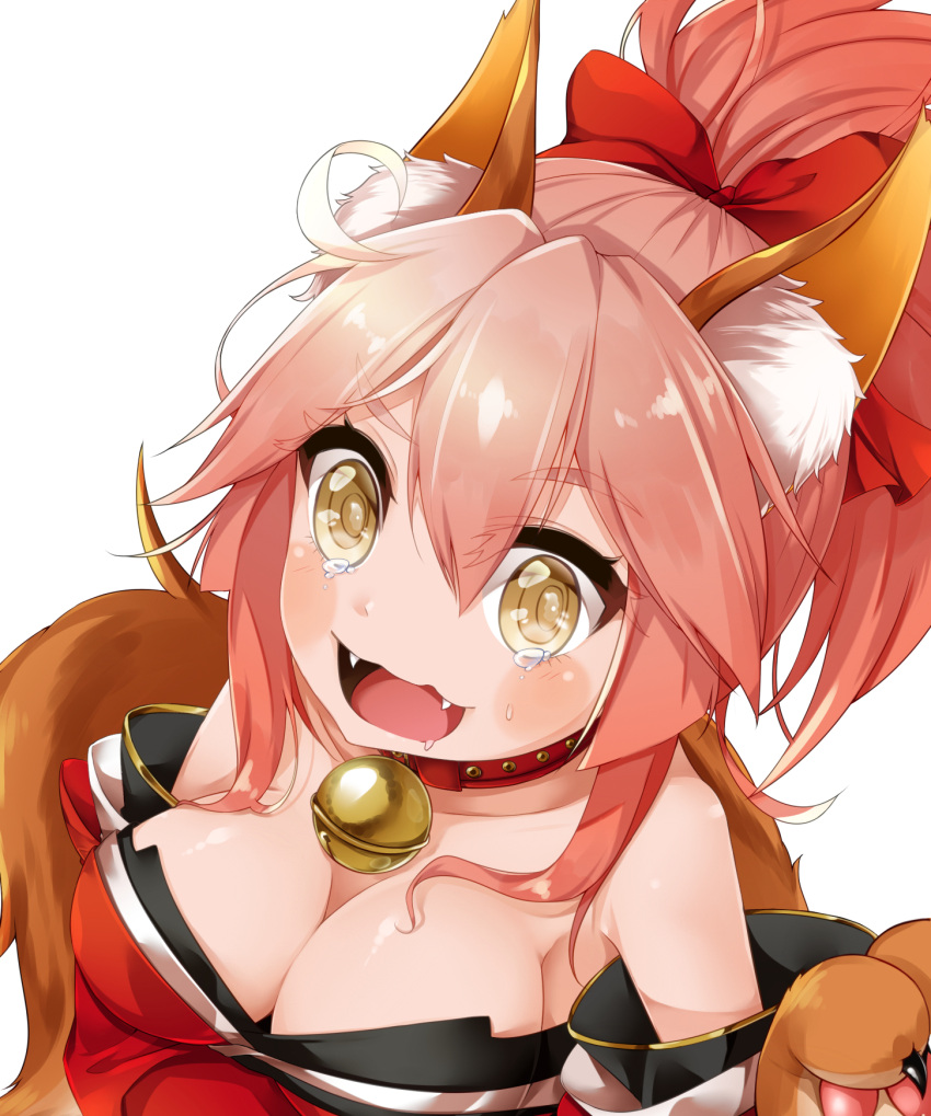 1girl animal_ears bell bell_collar breasts cleavage collar dani_(kamenoaru) eyebrows_visible_through_hair fangs fate/grand_order fate_(series) fox_ears fox_tail hair_ribbon hand_on_own_stomach highres large_breasts long_hair looking_at_viewer looking_up open_mouth paws pink_hair ribbon saliva simple_background solo tail tamamo_(fate)_(all) tamamo_cat_(fate) tears wavy_mouth white_background yellow_eyes