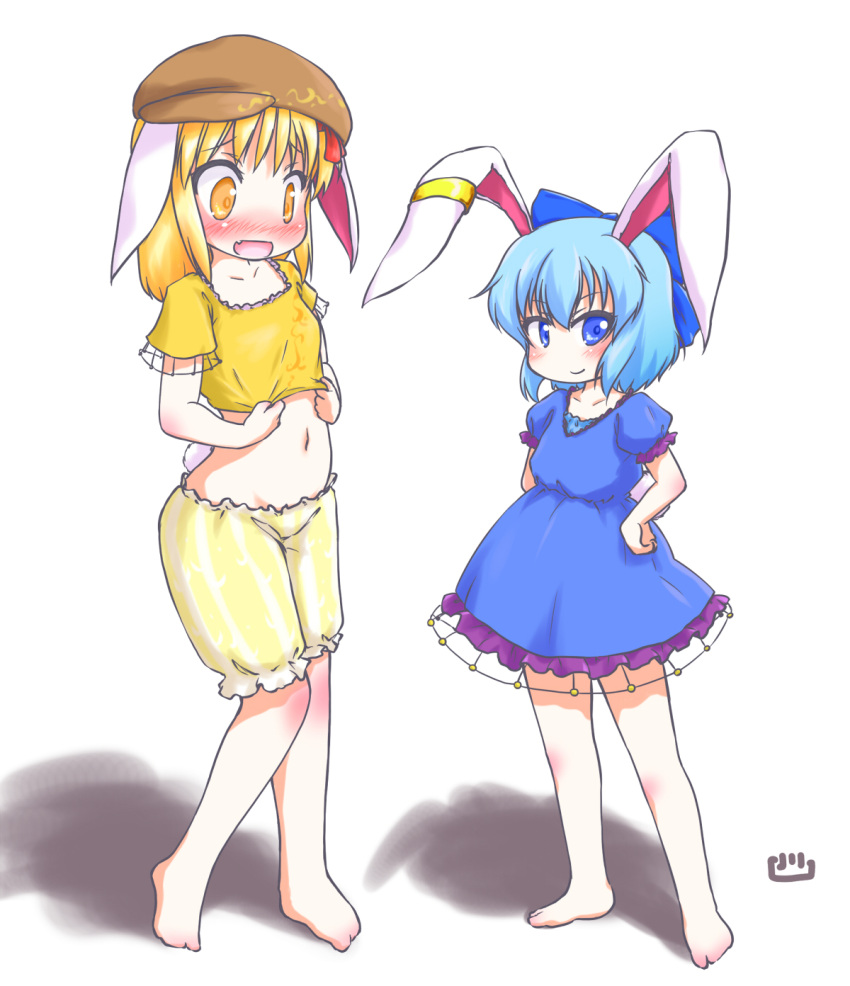 2girls animal_ears barefoot blonde_hair blue_dress blue_eyes blue_hair blush bow bunny_tail cirno collarbone commentary_request cosplay crop_top dress ear_clip flat_cap full_body hair_bow hair_ribbon hands_on_hips hat highres kemonomimi_mode looking_at_another looking_at_viewer midriff multiple_girls navel open_mouth orange_eyes puffy_short_sleeves puffy_sleeves rabbit_ears ribbon ringo_(touhou) ringo_(touhou)_(cosplay) rumia seiran_(touhou) seiran_(touhou)_(cosplay) shadow shirt_tug short_hair short_sleeves shorts simple_background smirk standing tail touhou uho_(uhoyoshi-o) white_background