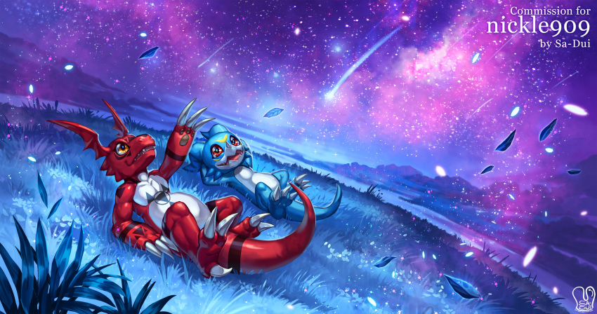 artist_name commission digimon field grass guilmon highres night night_sky no_humans outdoors parted_lips purple_sky red_eyes sa-dui shooting_star signature sky smile star_(sky) starry_sky veemon yellow_eyes