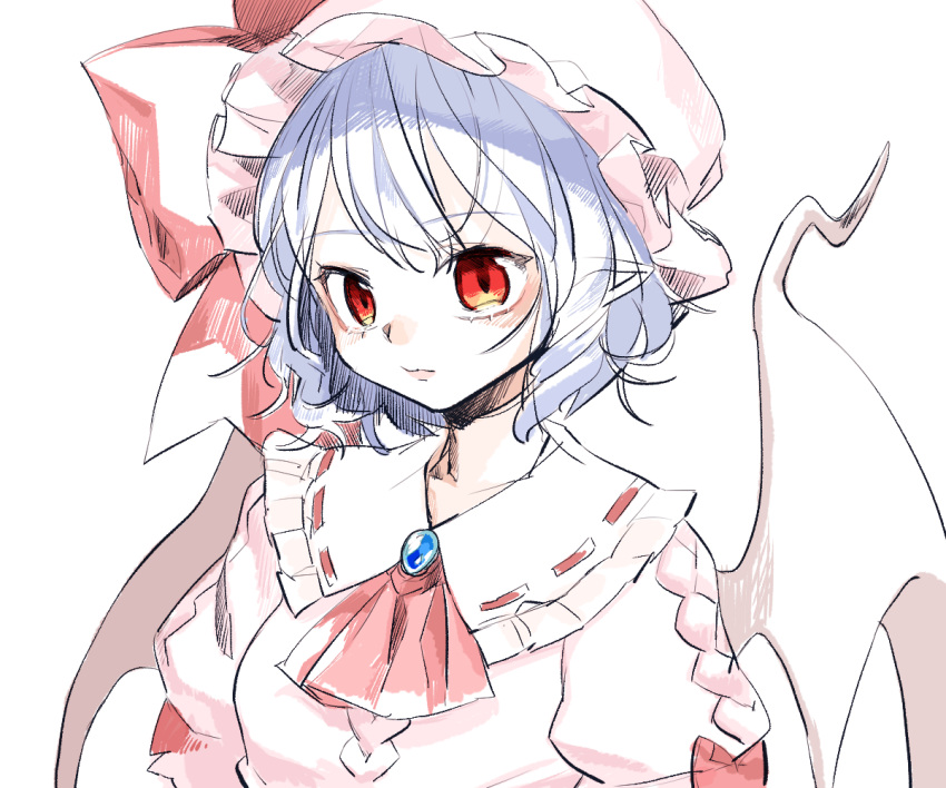 1girl ascot bangs bat_wings blue_hair brooch closed_mouth gotoh510 hat hat_ribbon jewelry mob_cap pointy_ears red_eyes red_ribbon remilia_scarlet ribbon shirt simple_background solo touhou upper_body white_background wings