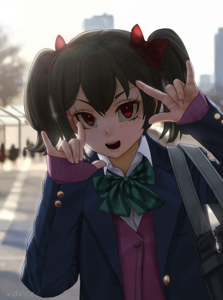 1girl :d \n/ artist_name backlighting bag bangs black_hair blazer blue_jacket blurry blurry_background blush bow bowtie city commentary crowd depth_of_field double_\n/ duffel_bag fingernails green_bow green_neckwear hair_bow highres jacket lips long_sleeves looking_at_viewer love_live! love_live!_school_idol_project novcel open_blazer open_clothes open_jacket open_mouth outdoors red_bow red_eyes school_uniform sleeves_past_wrists smile solo_focus striped_neckwear tsurime upper_body wings yazawa_nico zipper
