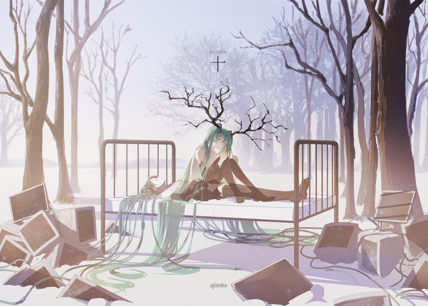 2girls absurdly_long_hair ajimita antlers aqua_eyes aqua_hair bare_shoulders bare_tree black_legwear closed_mouth commentary_request crt detached_sleeves dual_persona grey_shirt grey_sky hatsune_miku leg_hug long_hair looking_at_viewer lying monitor multiple_girls on_back outdoors shirt signature sitting sleeveless sleeveless_shirt smile snow thigh-highs tree twintails very_long_hair vocaloid winter