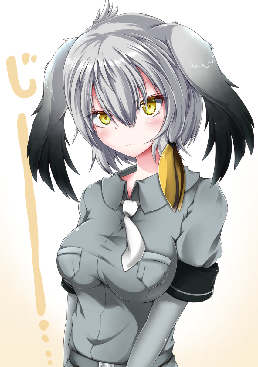 &gt;:( 1girl ahoge belt blonde_hair blush breast_pocket breasts collared_shirt eyebrows_visible_through_hair grey_hair grey_shirt hair_between_eyes hair_tie head_wings highres impossible_clothes impossible_shirt kemono_friends long_hair looking_at_viewer medium_breasts muki_(munikichan) necktie pocket shirt shoebill_(kemono_friends) short_sleeves solo white_neckwear yellow_eyes
