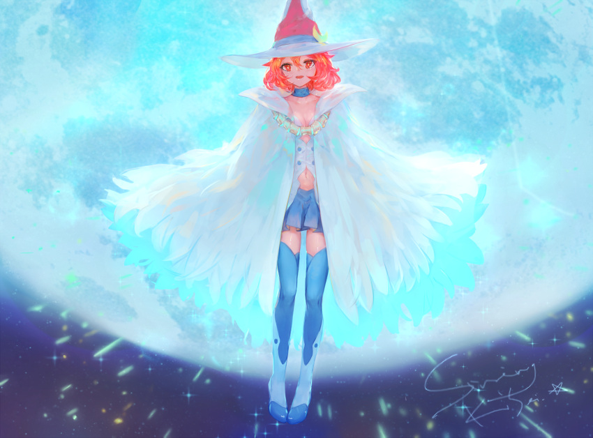 1girl :d bangs blue_legwear blue_neckwear blue_skirt boots cape choker commentary_request full_body full_moon hair_between_eyes hat kisei2 little_witch_academia long_hair looking_at_viewer moon navel navel_cutout night night_sky open_mouth orange_hair pleated_skirt red_eyes shiny_chariot short_hair signature skirt sky smile solo star_(sky) starry_sky thigh-highs vest witch witch_hat zettai_ryouiki