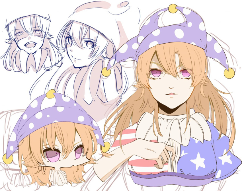 1girl american_flag_dress blonde_hair breasts chibi clownpiece commentary_request hair_between_eyes hat itamemono jester_cap long_hair looking_at_viewer neck_ruff pink_eyes polka_dot purple_hat simple_background sketch star star_print striped touhou upper_body white_background