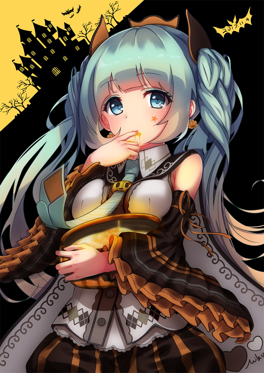 1girl 2017 bangs blunt_bangs character_name dated detached_sleeves earrings eyebrows_visible_through_hair finger_licking food_themed_earrings hatsune_miku highres jewelry licking long_hair looking_at_viewer necktie pumpkin_earrings solo twintails very_long_hair vocaloid