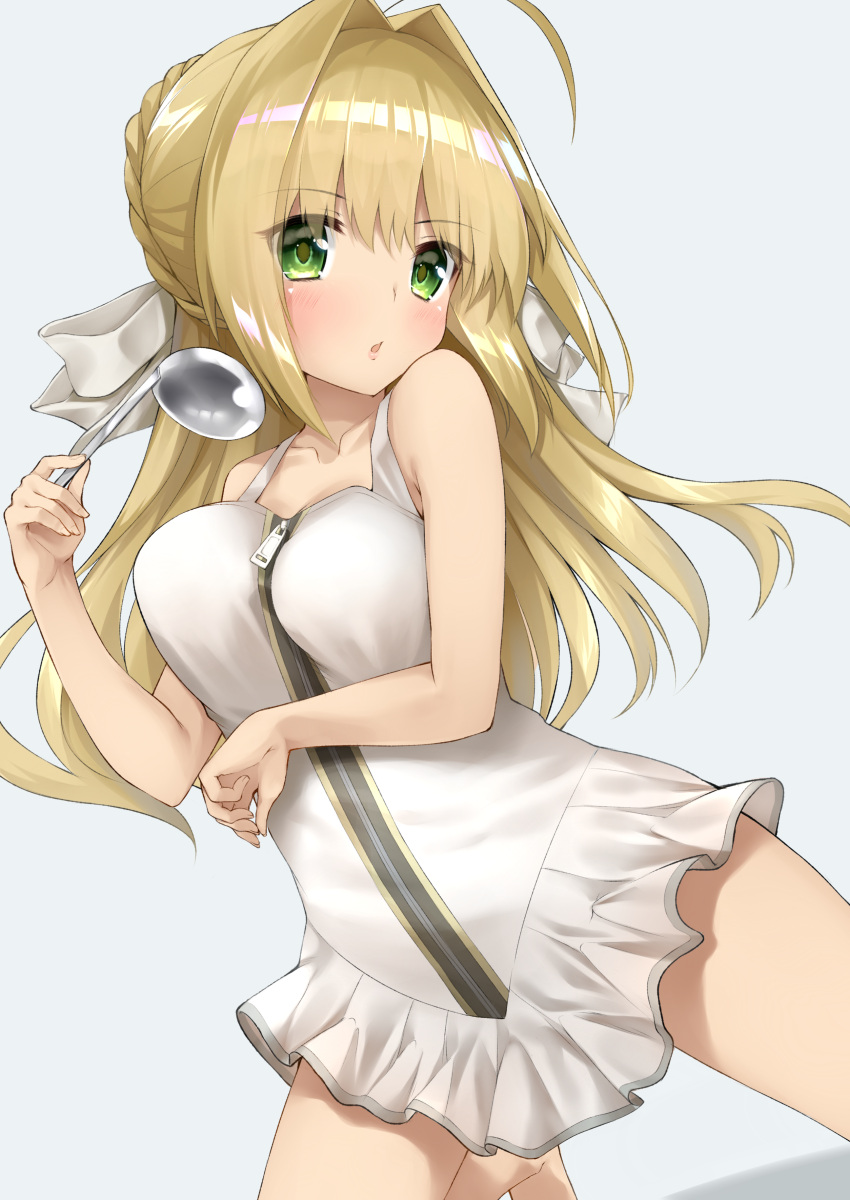 1girl absurdres adapted_costume ahoge bangs blonde_hair blush breasts dress eyebrows_visible_through_hair fate/extra fate/extra_ccc fate_(series) go-1 green_eyes grey_background hair_intakes hands_up highres kneeling ladle large_breasts leotard long_hair looking_at_viewer open_mouth saber_bride saber_extra sidelocks simple_background solo white_dress white_leotard zipper