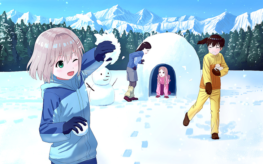 4girls :d all_fours aoba_kokona blue_gloves blue_sky blush_stickers brown_gloves brown_hair closed_eyes day forest glasses gloves green_eyes grey_legwear grin hair_between_eyes hair_ornament hairclip hand_on_hip hood hoodie igloo kuraue_hinata leg_warmers long_hair long_sleeves looking_at_another looking_down mountain multiple_girls nature one_eye_closed open_mouth outdoors pants pantyhose pantyhose_under_shorts parted_lips pink_hair purple_footwear saitou_kaede_(yama_no_susume) shoes shorts silver_hair sky smile snow snow_shelter snowball snowball_fight snowing snowman standing tree twintails wasabi60 winter_clothes yama_no_susume yukimura_aoi