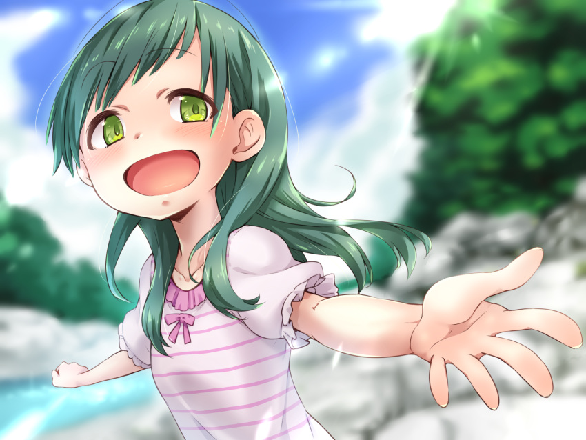 1girl :d bangs blue_sky blurry blurry_background blush bow breasts clouds cloudy_sky collarbone day depth_of_field esoragoto eyebrows_visible_through_hair green_eyes green_hair highres looking_at_viewer minobiyo open_mouth outdoors outstretched_arms pink_bow pink_shirt puffy_short_sleeves puffy_sleeves shirt short_sleeves sky small_breasts smile solo spread_arms stream striped striped_shirt tareme tree upper_body