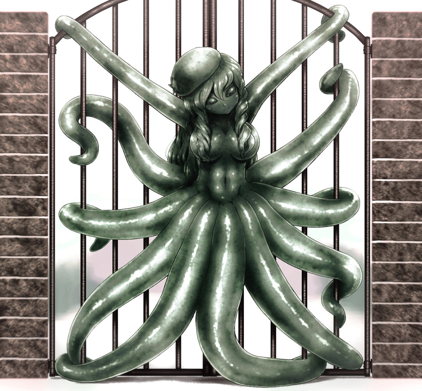 1girl alternate_hair_color alternate_skin_color beret breasts closed_mouth commentary_request gate green_hair green_skin hair_between_eyes hair_censor hat hong_meiling large_breasts long_hair looking_at_viewer monster_girl monsterification navel no_pupils nude scylla shirosato solo tentacle touhou