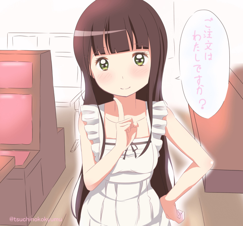 1girl apron bangs blunt_bangs blush breasts brown_hair cafe closed_mouth collarbone eyebrows_visible_through_hair gochuumon_wa_usagi_desu_ka? green_eyes hand_on_hip index_finger_raised indoors long_hair looking_at_viewer maid_apron naked_apron partially_colored small_breasts smile solo speech_bubble standing translated tsuchinokokyumu twitter_username ujimatsu_chiya upper_body white_apron wooden_floor