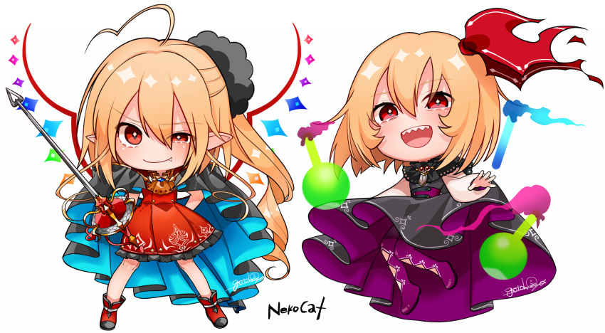 2girls ahoge alternate_costume artist_name ascot black_dress blonde_hair boots cape chibi closed_mouth commentary_request dress fang_out flandre_scarlet gotoh510 hair_between_eyes hair_ribbon highres holding holding_weapon looking_at_viewer multiple_girls open_mouth pointy_ears purple_footwear rapier red_eyes red_footwear red_ribbon red_skirt ribbon round-bottom_flask rumia sharp_teeth signature simple_background skirt smile sword teeth touhou uneven_eyes weapon white_background wings