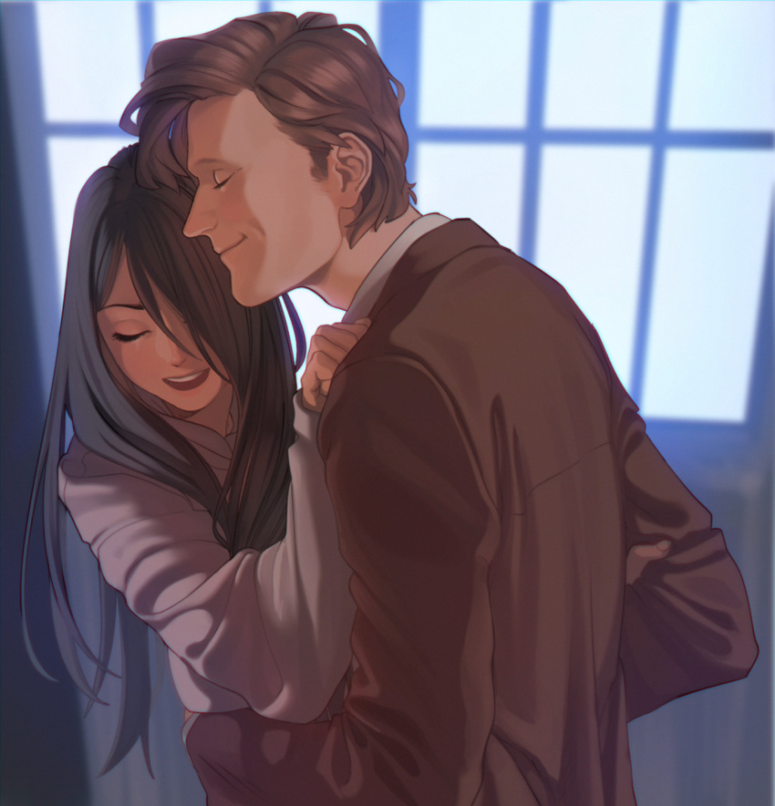 1boy 1girl aconitea black_hair brown_hair character_request closed_eyes doctor_who eleventh_doctor formal hair_over_one_eye highres hug long_hair open_mouth smile suit the_doctor upper_body