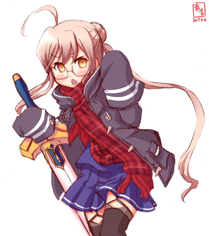 1girl ahoge alternate_costume artoria_pendragon_(all) black_legwear chestnut_mouth coat commentary_request cosplay excalibur fate/grand_order fate_(series) garter_straps glasses highres holding holding_sword holding_weapon kanon_(kurogane_knights) kantai_collection long_hair looking_at_viewer low_twintails makigumo_(kantai_collection) mysterious_heroine_x_(alter) mysterious_heroine_x_(alter)_(cosplay) pink_eyes pleated_skirt scarf school_uniform serafuku simple_background sketch skirt sleeves_past_wrists solo sword twintails weapon white_background winter_clothes winter_coat yellow_eyes