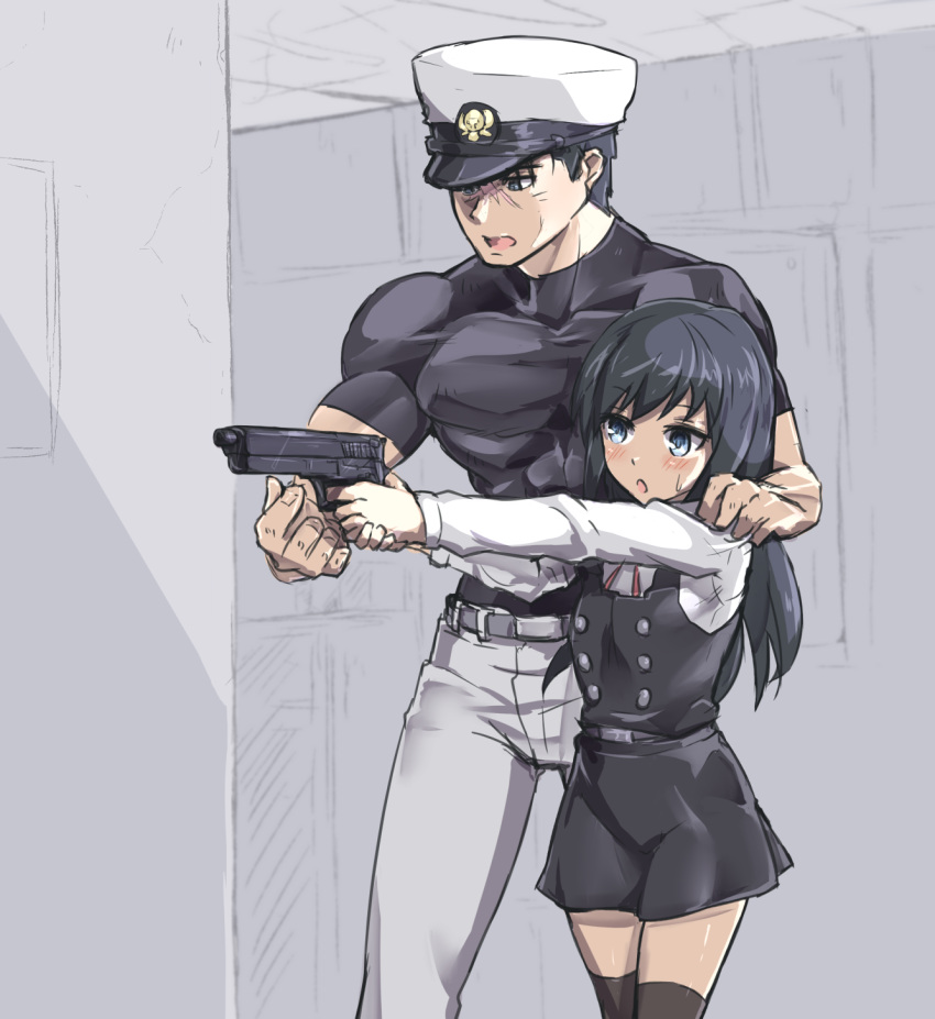 1boy 1girl :o admiral_(kantai_collection) aiming asashio_(kantai_collection) belt black_dress black_hair black_legwear black_shirt blue_eyes blush cowboy_shot depo_(typebaby505) double-breasted dress facial_scar gun hand_on_another's_shoulder handgun hat height_difference highres holding holding_gun holding_weapon kantai_collection long_hair long_sleeves muscle open_mouth outstretched_arm pants peaked_cap pinafore_dress pistol remodel_(kantai_collection) scar shirt short_sleeves standing sweat thigh-highs weapon white_hat white_pants white_shirt zettai_ryouiki