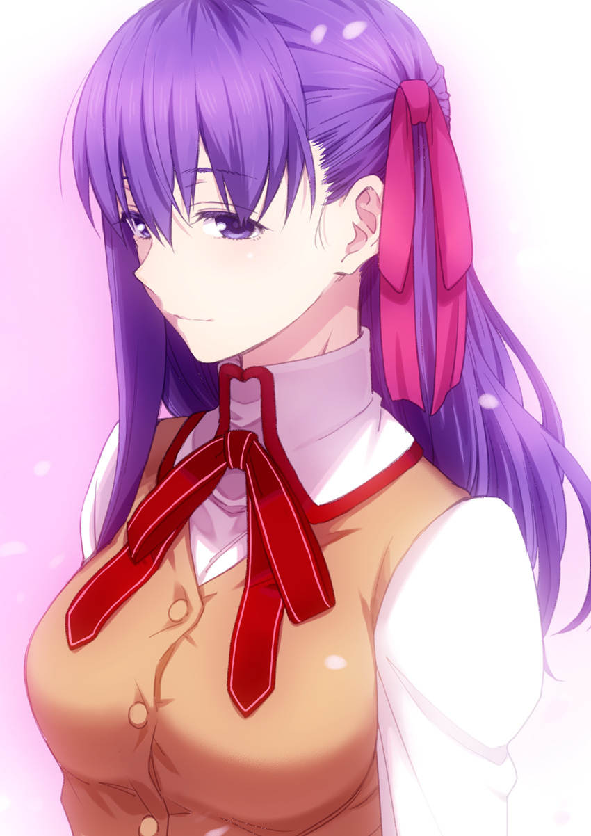 1girl bangs blush breasts brown_vest closed_mouth colored_eyelashes eyebrows_visible_through_hair fate/stay_night fate_(series) gradient gradient_background hair_ribbon highres long_hair matou_sakura medium_breasts neck_ribbon pink_background pink_ribbon purple_hair puyo red_neckwear red_ribbon ribbon shirt smile solo upper_body vest violet_eyes white_shirt