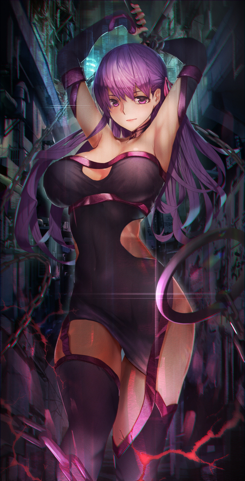 1girl absurdres armpits arms_up bare_shoulders black_collar black_detached_sleeves black_dress black_legwear breasts chains cleavage cleavage_cutout closed_mouth collar cosplay covered_navel detached_sleeves dress fate/stay_night fate_(series) female highres large_breasts legs lips long_hair looking_at_viewer matou_sakura nail_polish plaster_(2501) purple_hair rider rider_(cosplay) short_dress side_cutout solo standing strapless strapless_dress thigh-highs type-moon violet_eyes weapon zettai_ryouiki