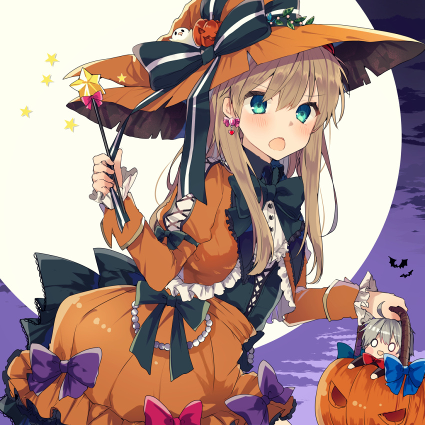 &gt;:o 0_0 1boy 1girl :o ahoge alternate_costume aqua_eyes bangs bat black_bow black_neckwear blush bow bowtie brown_hair capelet character_request dress earrings frilled_sleeves frills full_moon ghost hair_ornament halloween halloween_costume hat hat_bow heart heart_earrings holding_bag ikeuchi_tanuma jewelry long_hair long_sleeves moon neon_genesis_evangelion open_mouth orange_dress orange_hat pearl pink_bow pumpkin pumpkin_bag purple_bow purple_sky red_bow red_neckwear solo_focus souryuu_asuka_langley upper_body witch witch_hat