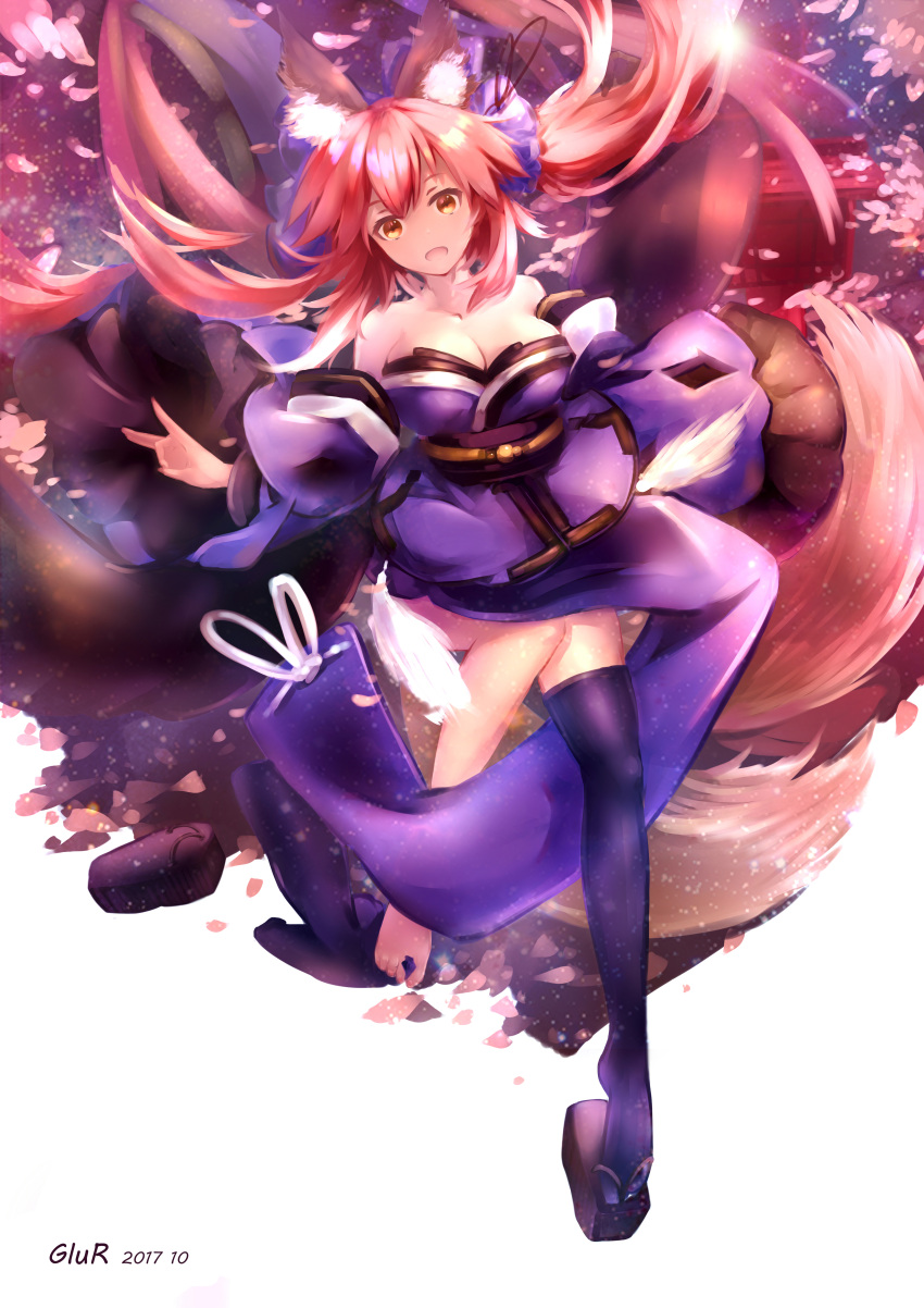 1girl absurdres animal_ears asymmetrical_legwear bare_shoulders barefoot blue_legwear breasts cleavage detached_sleeves fate/extella fate/extra fate/extra_ccc fate/grand_order fate_(series) fox_ears fox_shadow_puppet fox_tail full_body hair_ornament hair_ribbon highres japanese_clothes large_breasts looking_at_viewer mochigome_(fatelly) multiple_tails nail_polish open_mouth petals pink_hair ribbon solo tail tamamo_(fate)_(all) tamamo_no_mae_(fate) yellow_eyes
