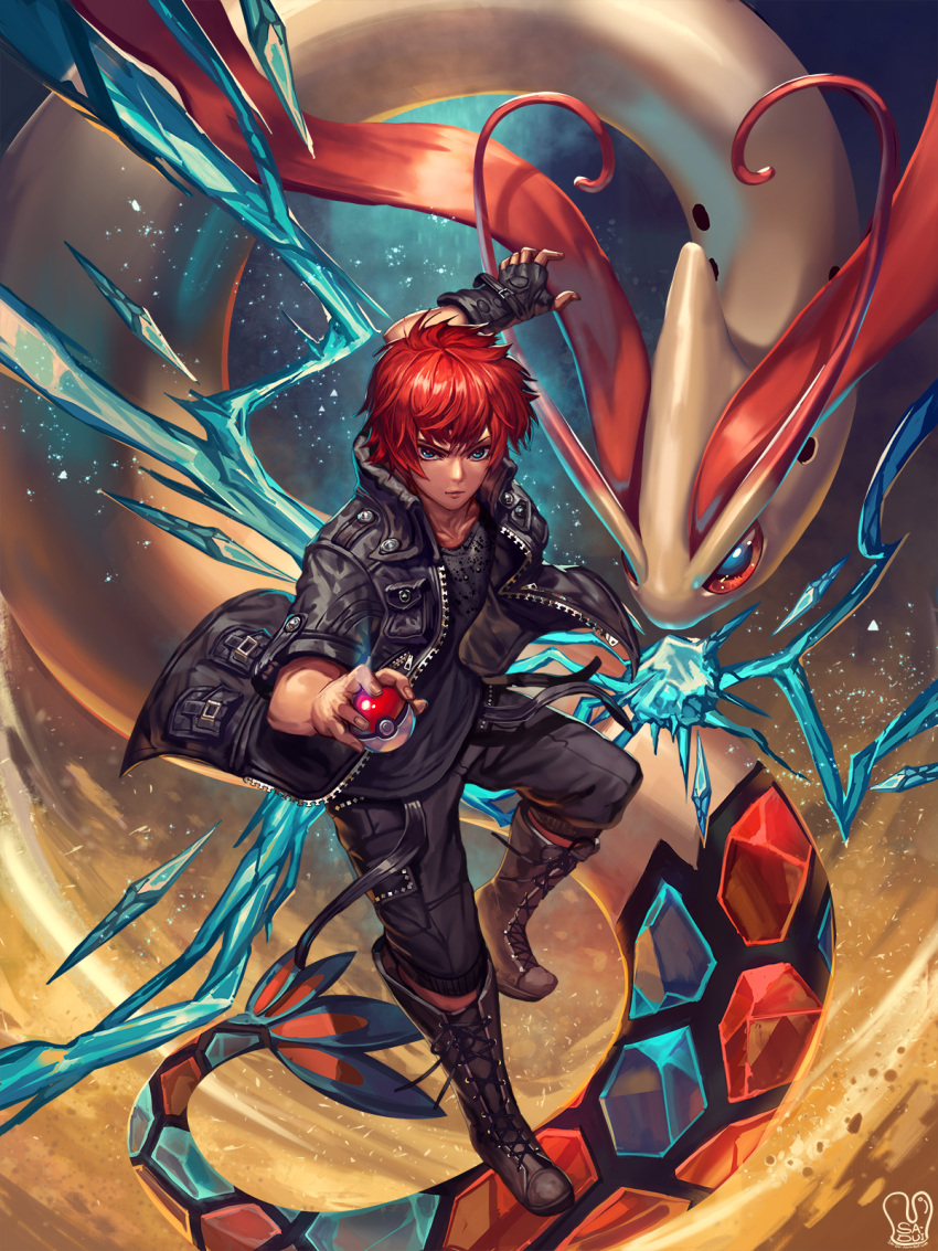 1boy bangs black_shirt blue_eyes boots brown_footwear closed_mouth highres holding holding_poke_ball ice jacket looking_at_viewer milotic open_clothes open_jacket original poke_ball pokemon pokemon_(creature) redhead sa-dui shirt signature solo