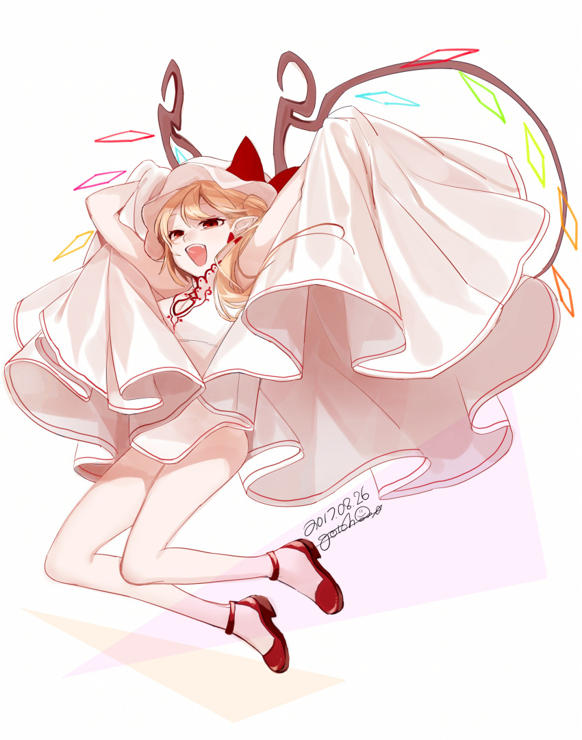 1girl absurdres alternate_costume bare_legs blonde_hair bow cleavage_cutout dress dress_lift fangs flandre_scarlet full_body gotoh510 hat hat_bow highres jumping looking_at_viewer mob_cap open_mouth pointy_ears red_bow red_eyes red_footwear shoes sleeveless sleeveless_dress solo touhou white_background white_dress white_hat wings