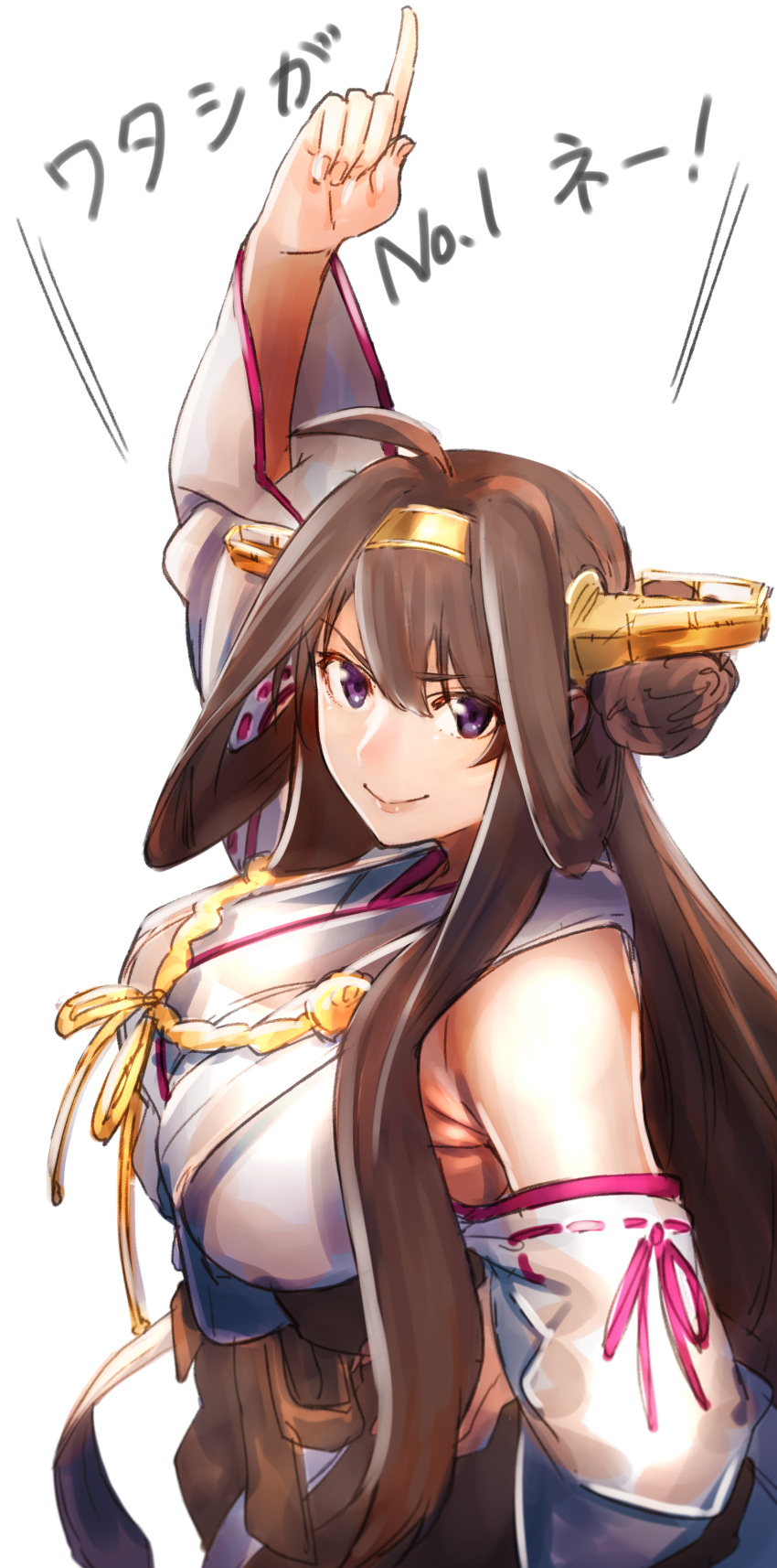 &gt;:) 1girl absurdres ahoge arm_up black_skirt brown_hair detached_sleeves double_bun hairband headgear highres japanese_clothes kantai_collection kongou_(kantai_collection) kujuu_shikuro long_hair nontraditional_miko pleated_skirt pointing pointing_up ribbon-trimmed_sleeves ribbon_trim simple_background skirt smile solo translation_request violet_eyes white_background wide_sleeves